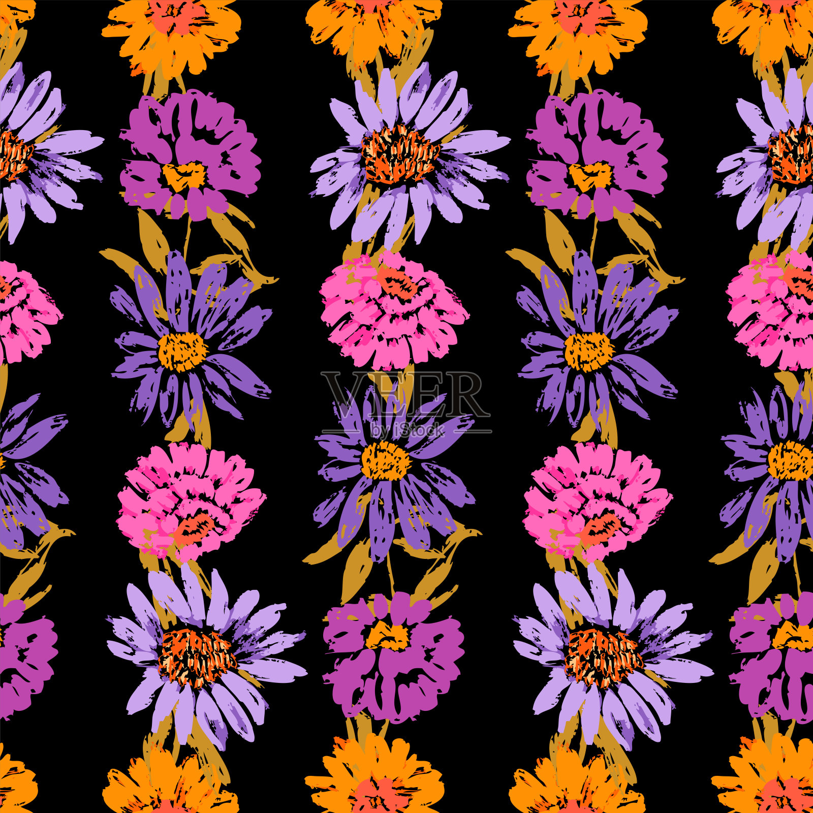 无缝的图案从绘制多彩的甘菊花在行插画图片素材