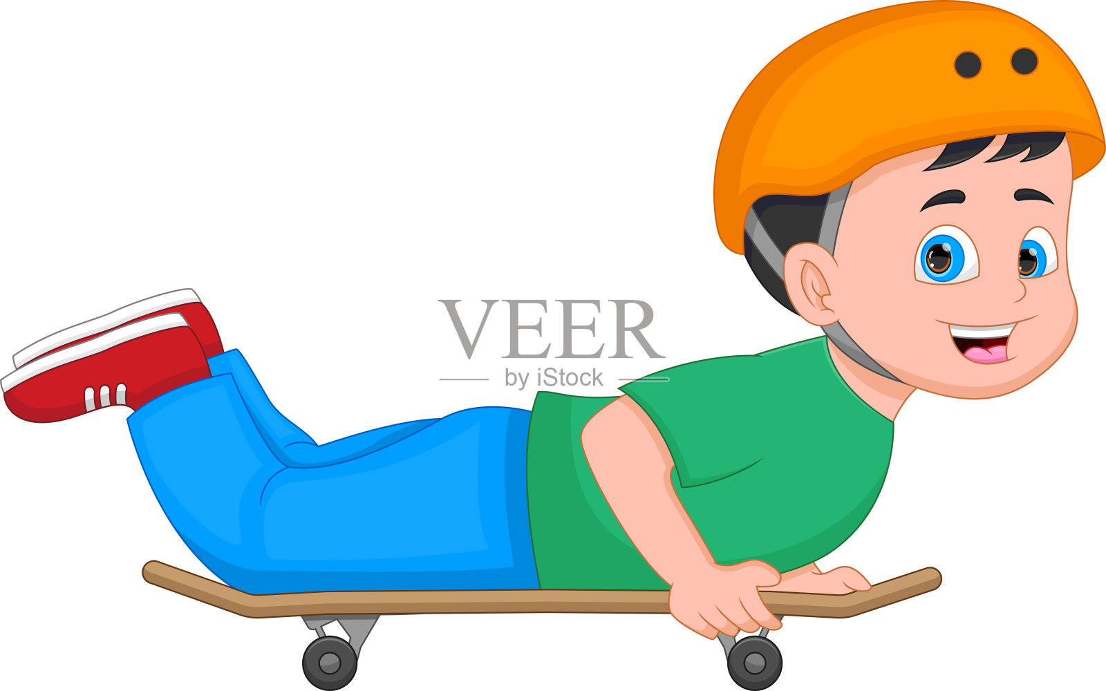 卡通小男孩在白色背景上玩滑板插画图片素材