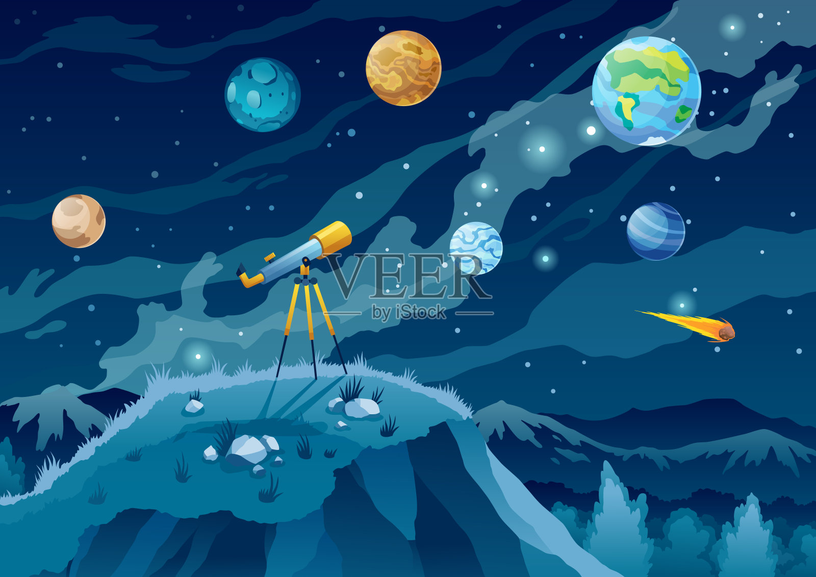 用于太空探索、科学发现和天文学研究的望远镜。在布满星星和行星的黑暗天空的背景下。山上三脚架玻璃夜景插画图片素材