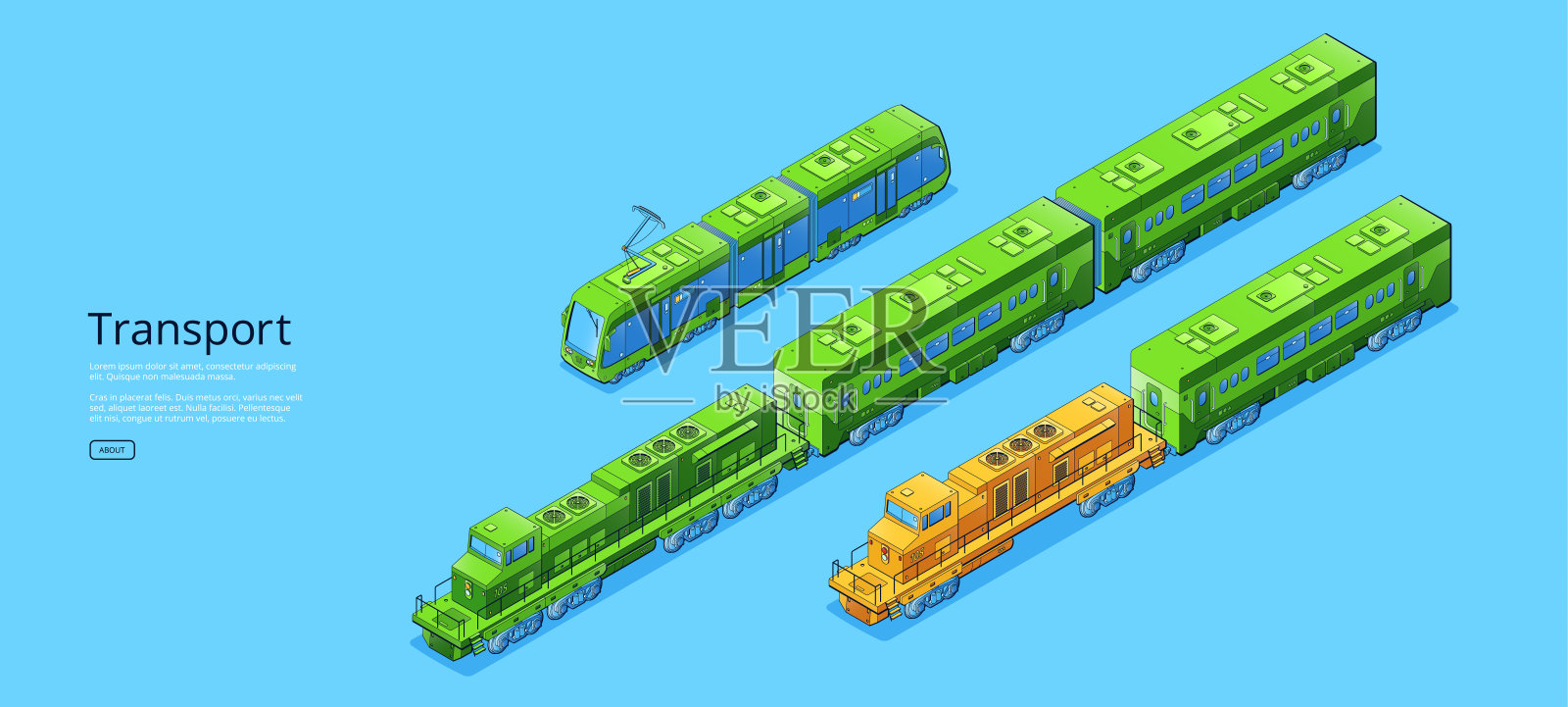 横幅与等距运输，有轨电车和火车插画图片素材