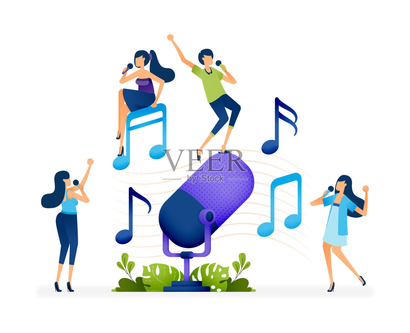 矢量插图的人唱歌和卡拉ok愉快的节奏块符号和巨大的麦克风。可以用来登陆网页，网页，网站，海报，手机应用，小册子，广告，传单，卡片插画图片素材