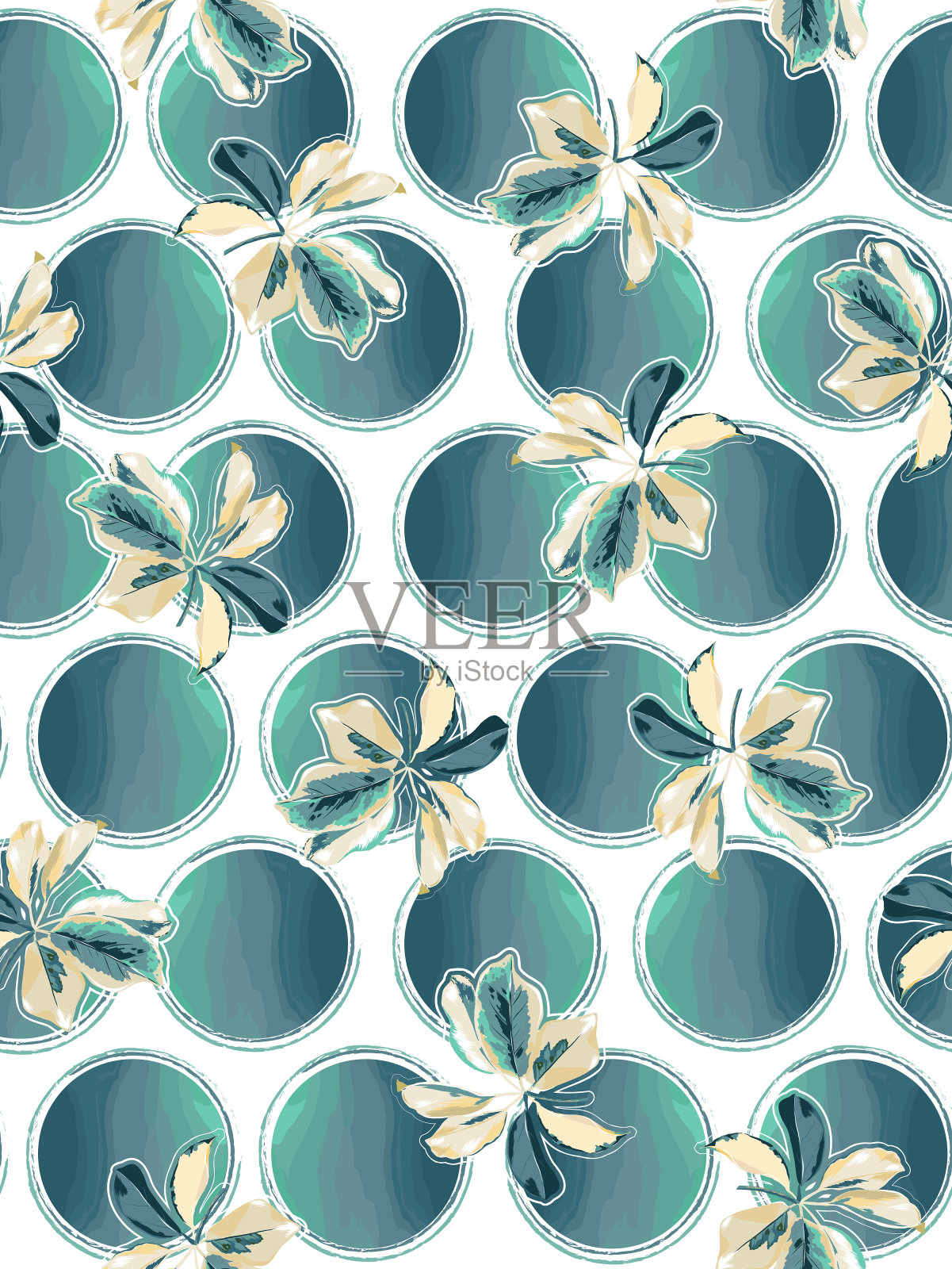 现代植物叶片上圆形水彩无缝图案矢量插图，设计时尚，织物，纺织品，壁纸，封面，网，插画图片素材