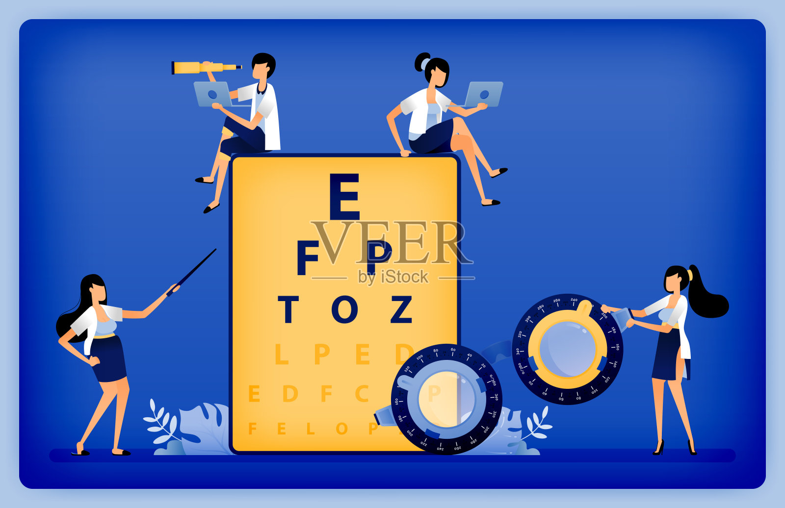 验光师的光学健康插图使用Snellen和试验框架测量患者近视障碍。可以用来登陆网页，网页，网站，海报，手机应用，小册子，广告，传单，卡片插画图片素材