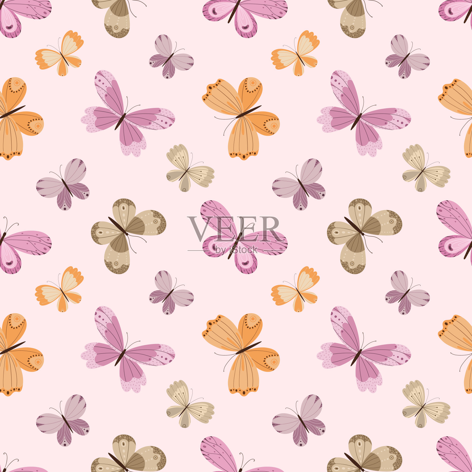 精致的无缝图案与各种彩色蝴蝶在浅粉红色的背景。插画图片素材