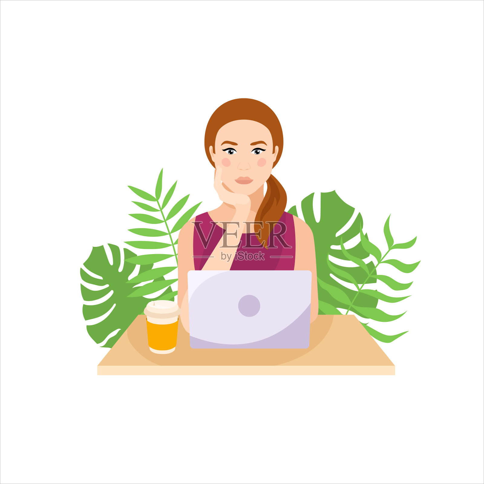 女孩坐在桌子旁拿着笔记本电脑插画图片素材