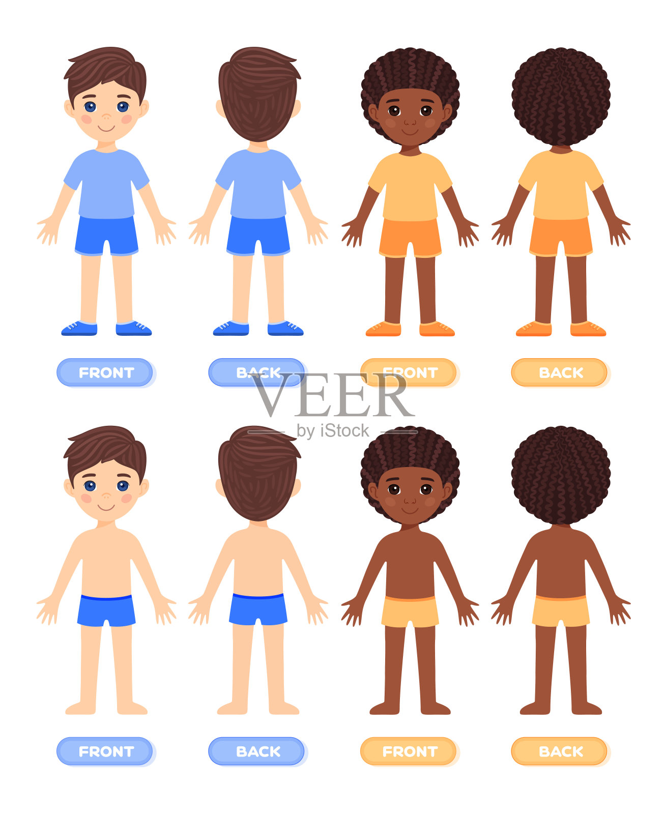 可爱的非洲黑人男孩。黑发小男孩。快乐的两个孩子穿着衣服站着。集。前视图。穿着短裤和T恤的孩子们。学前教育模板。卡通风格。矢量图像。插画图片素材