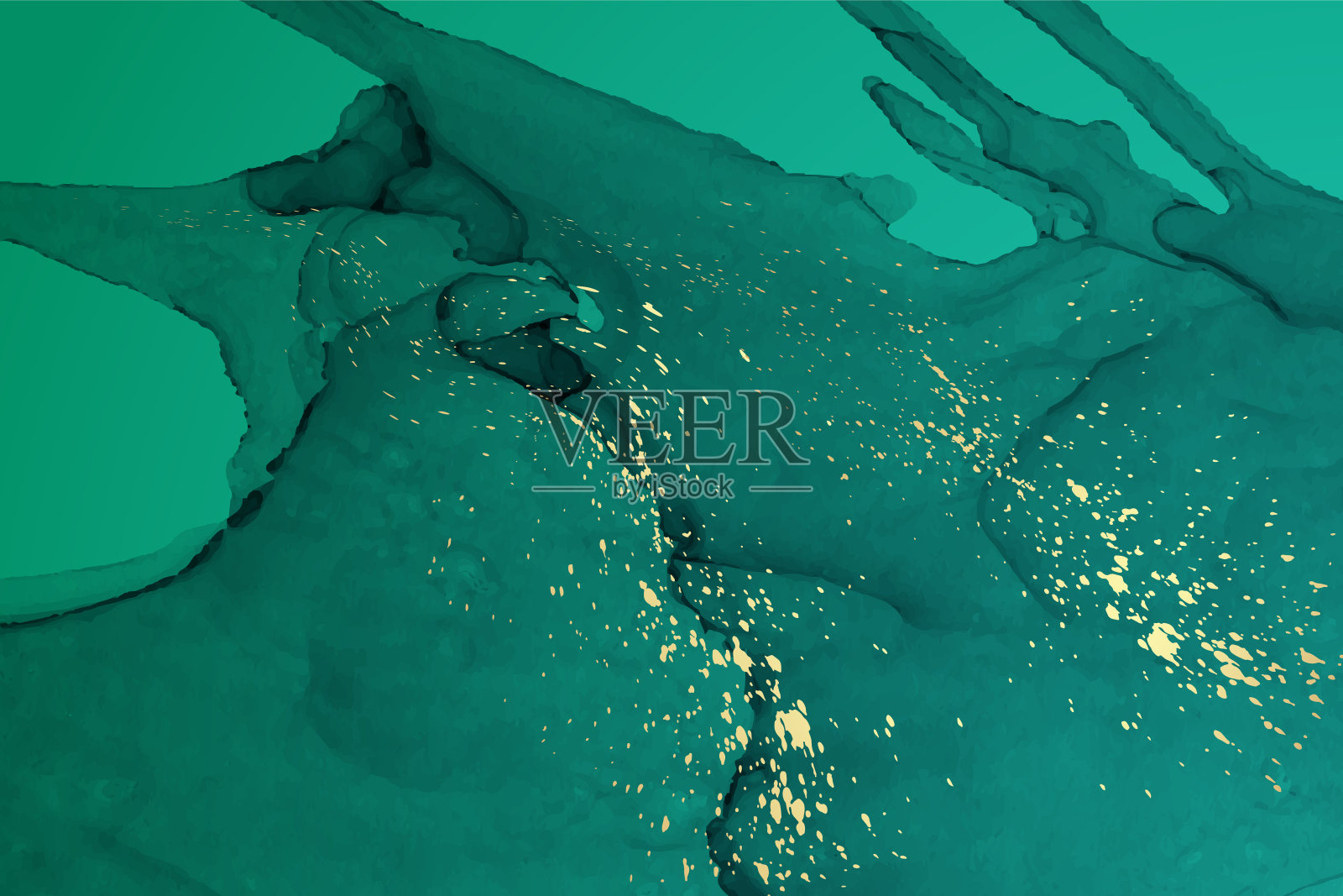 水彩背景与抽象的绿色墨波和金色飞溅。插画图片素材