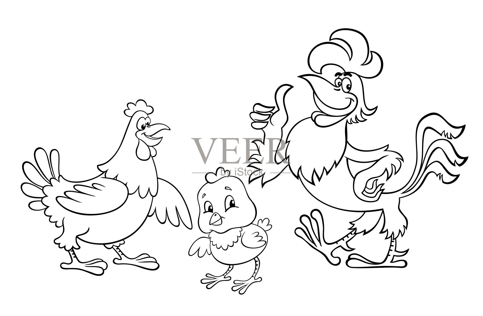 公鸡爸爸和母鸡妈妈还有小鸡。母鸡、公鸡和鸡的轮廓矢量图像。小鸡一家的卡通形象。插画图片素材