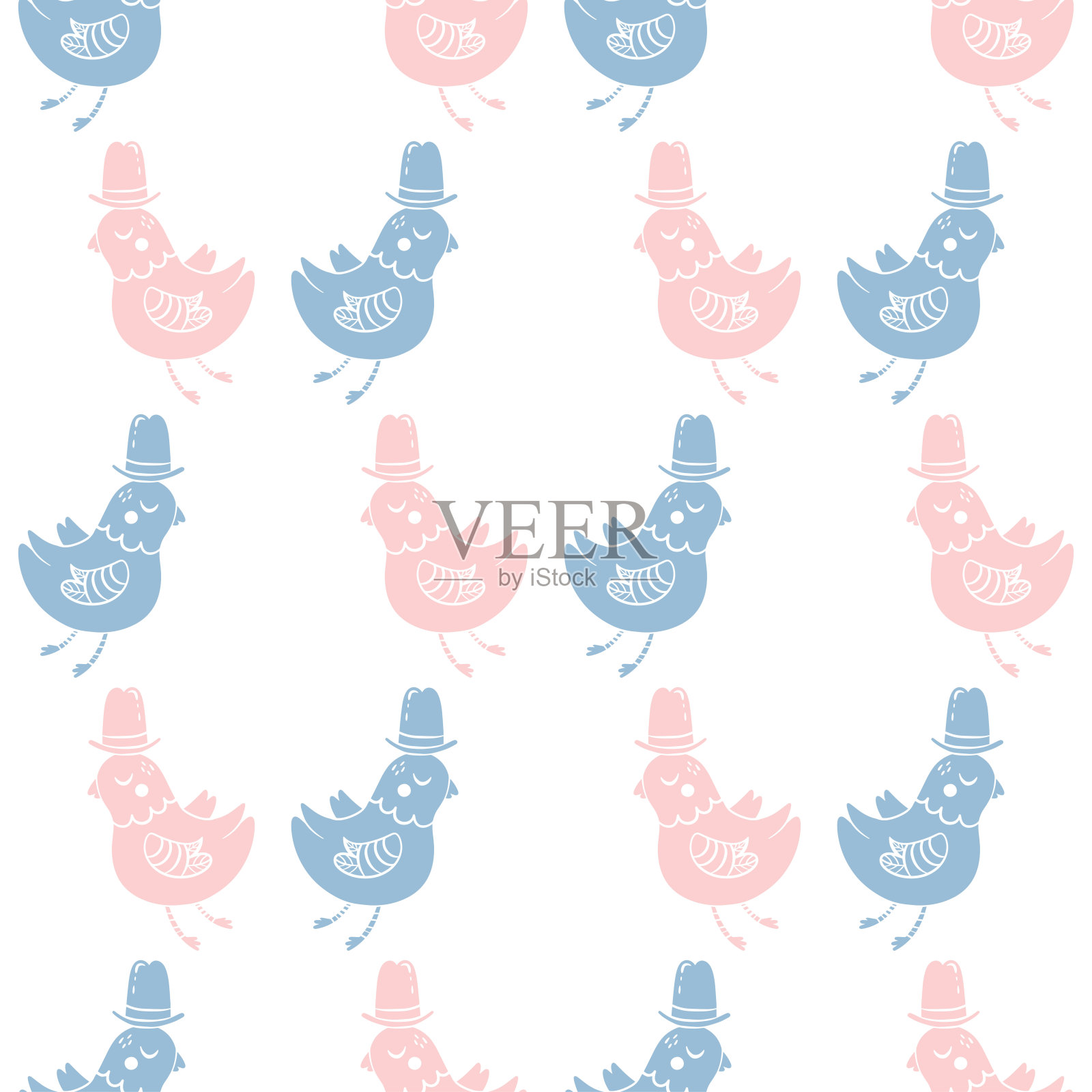 帽子里的鸟。无缝的矢量模式。插画图片素材