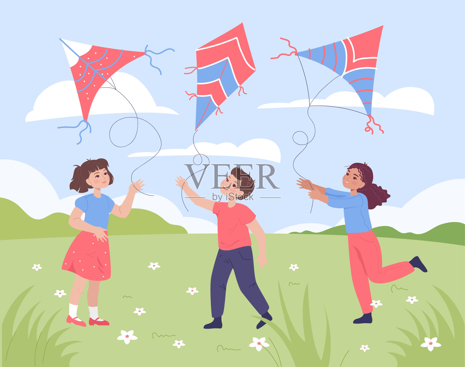 孩子在草坪上放风筝平坦的矢量插图插画图片素材