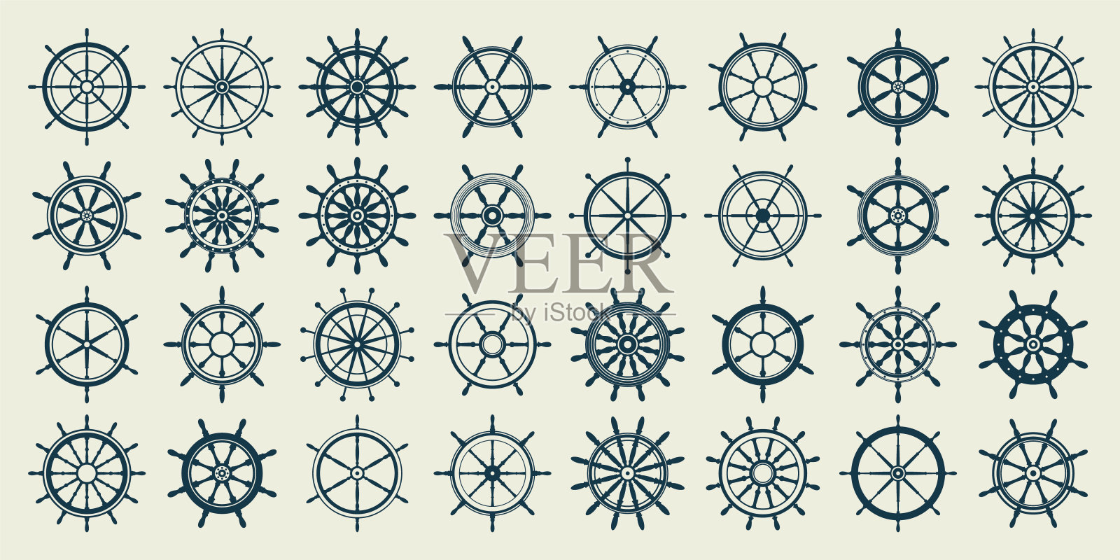收藏古董方向盘。船、游艇的复古轮符号。航海舵图标。海洋设计元素。矢量图插画图片素材