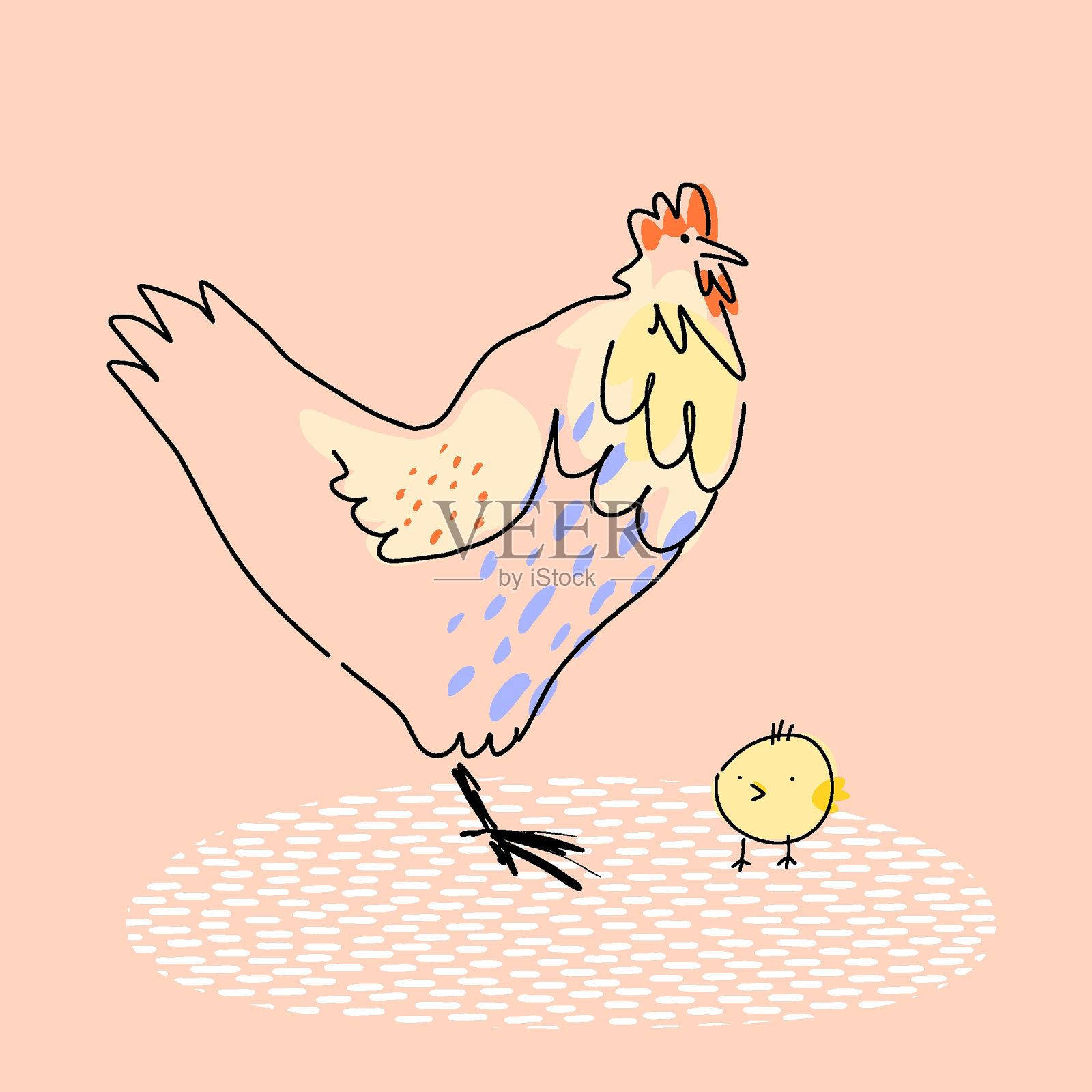 现代手绘素描母鸡和小鸡插画图片素材