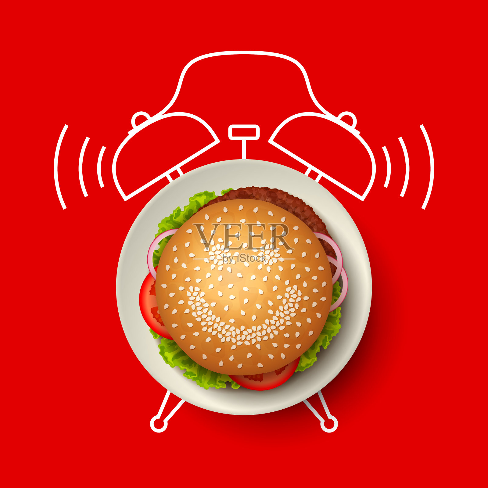 芝麻笑脸汉堡，闹钟插画图片素材