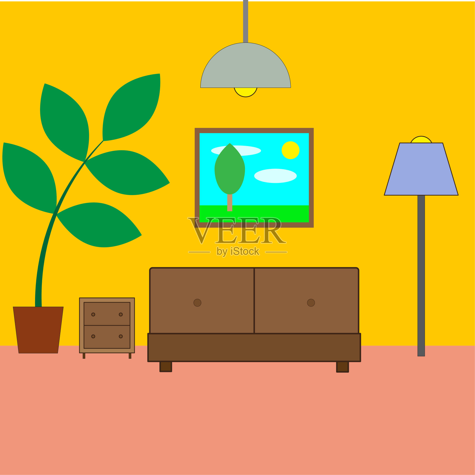 现代平面图形和卡通房间。室内墙纸。矢量插图。股票的形象。插画图片素材