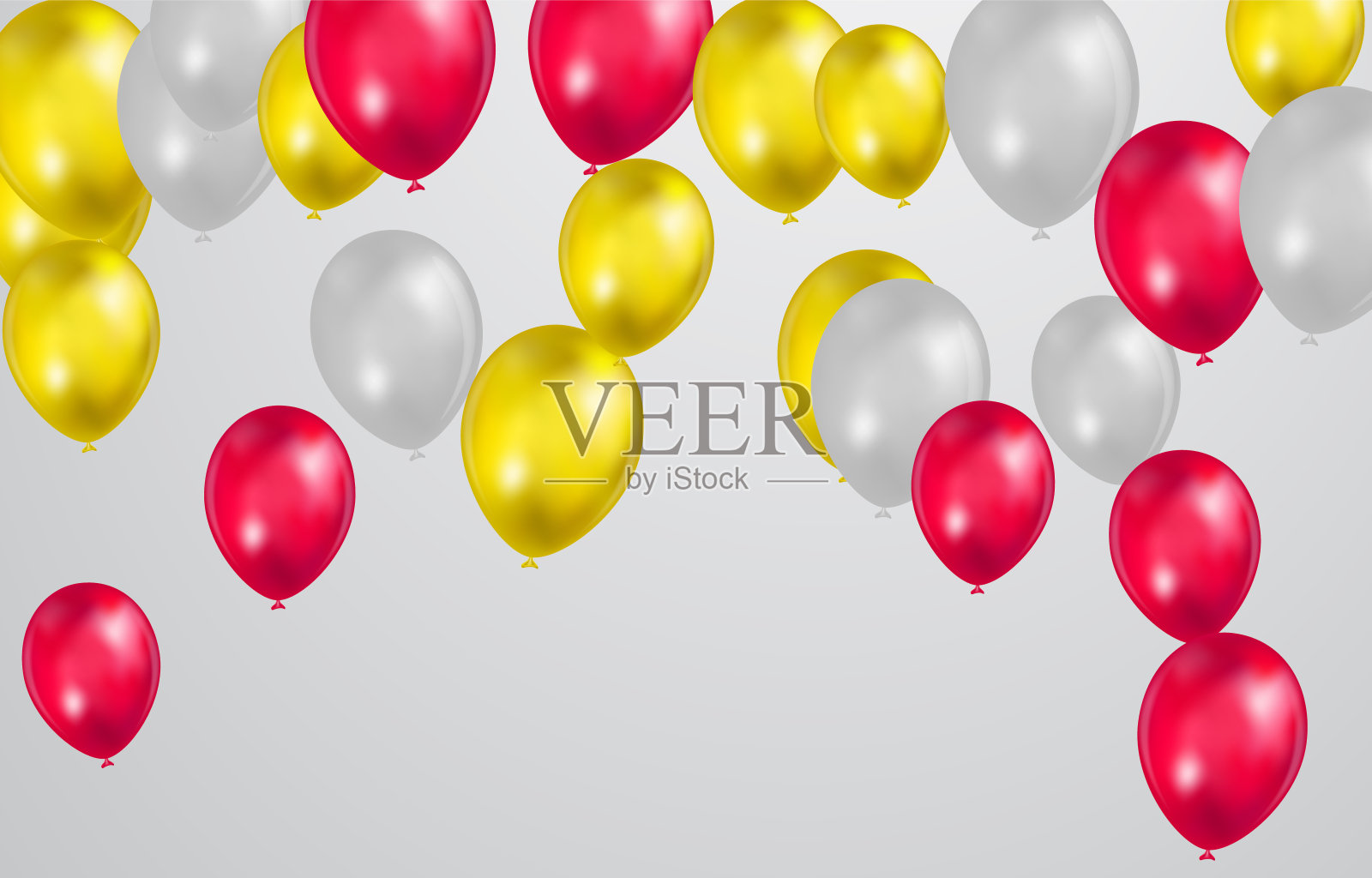 白色背景上撒着五彩纸屑的金色和红色的气球。庆典背景设计。设计元素图片