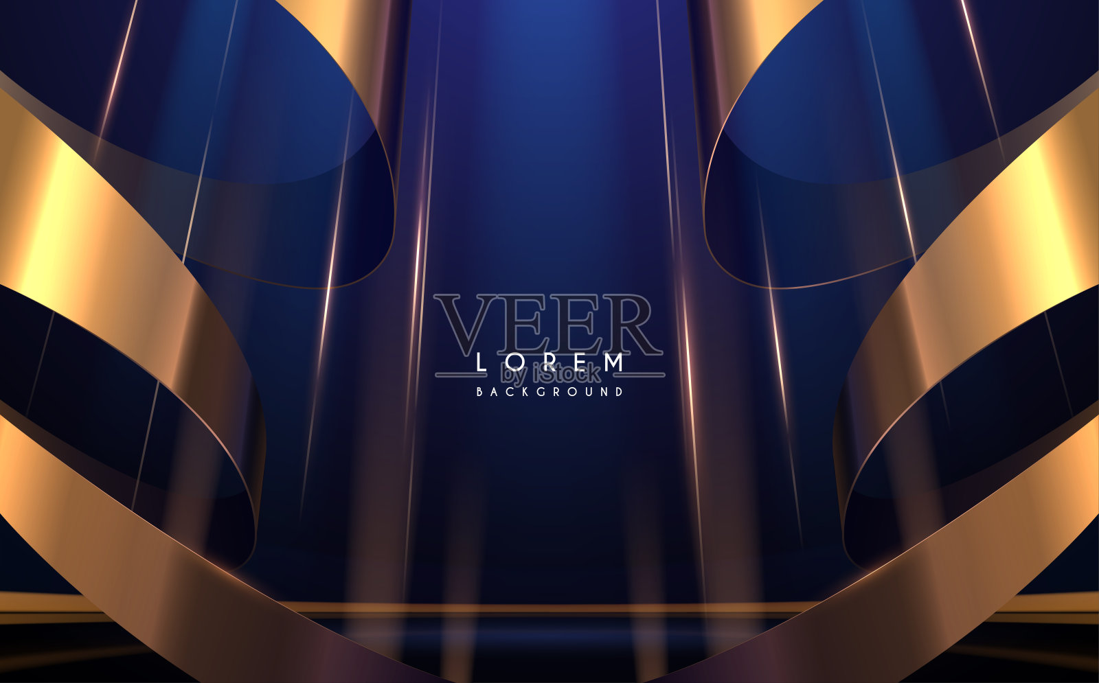 抽象的蓝色背景与金色丝带和光效果插画图片素材