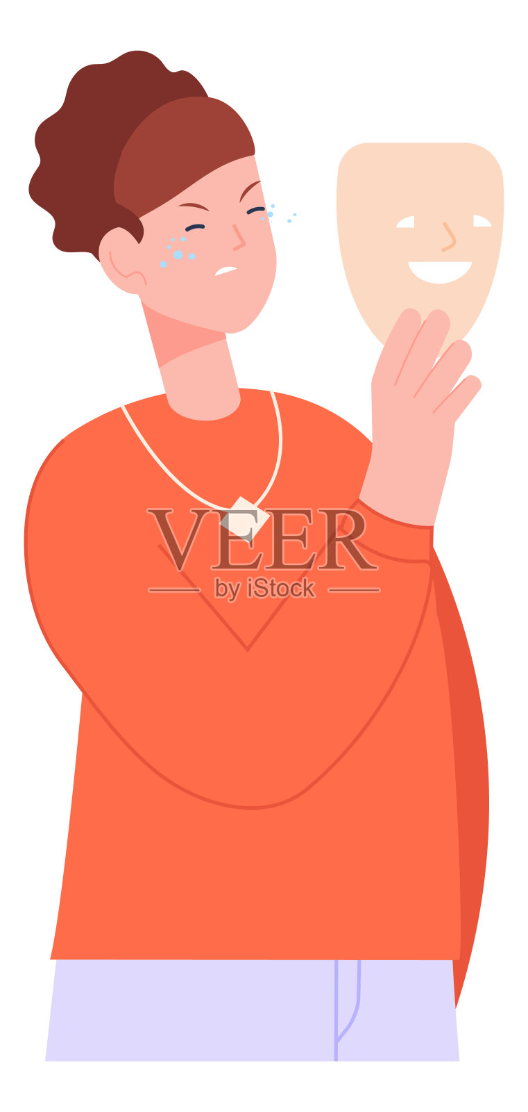 戴着假情感面具的哭泣女人。好心情的错觉插画图片素材