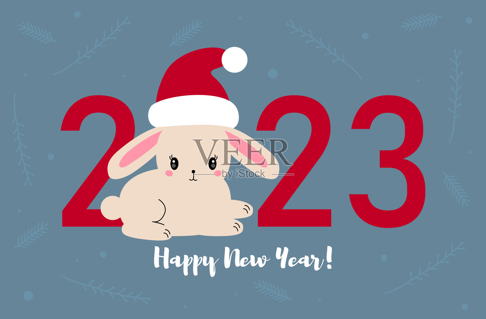 戴着圣诞老人帽子的兔子。中国的2023年。兔年春节符号矢量插图。新年快乐。2023年日历设计元素图片