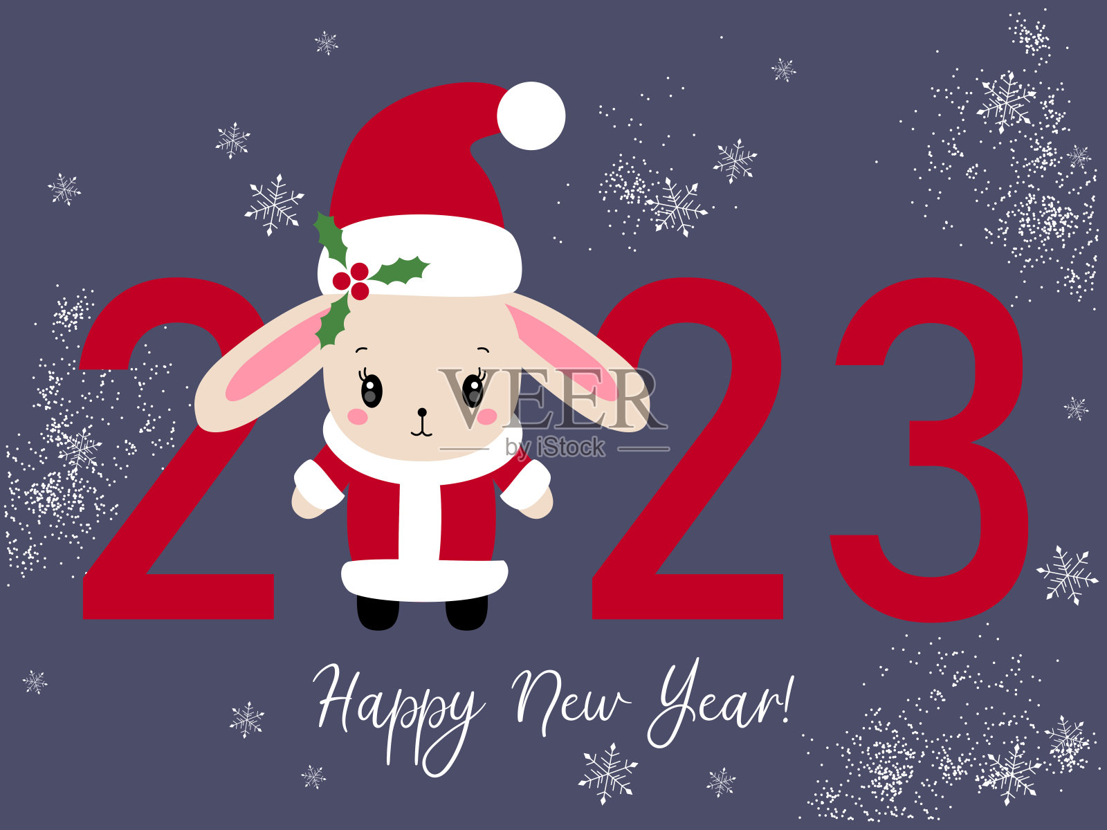 戴着圣诞老人帽子的兔子。中国的2023年。兔年春节符号矢量插图。新年快乐。2023年日历插画图片素材