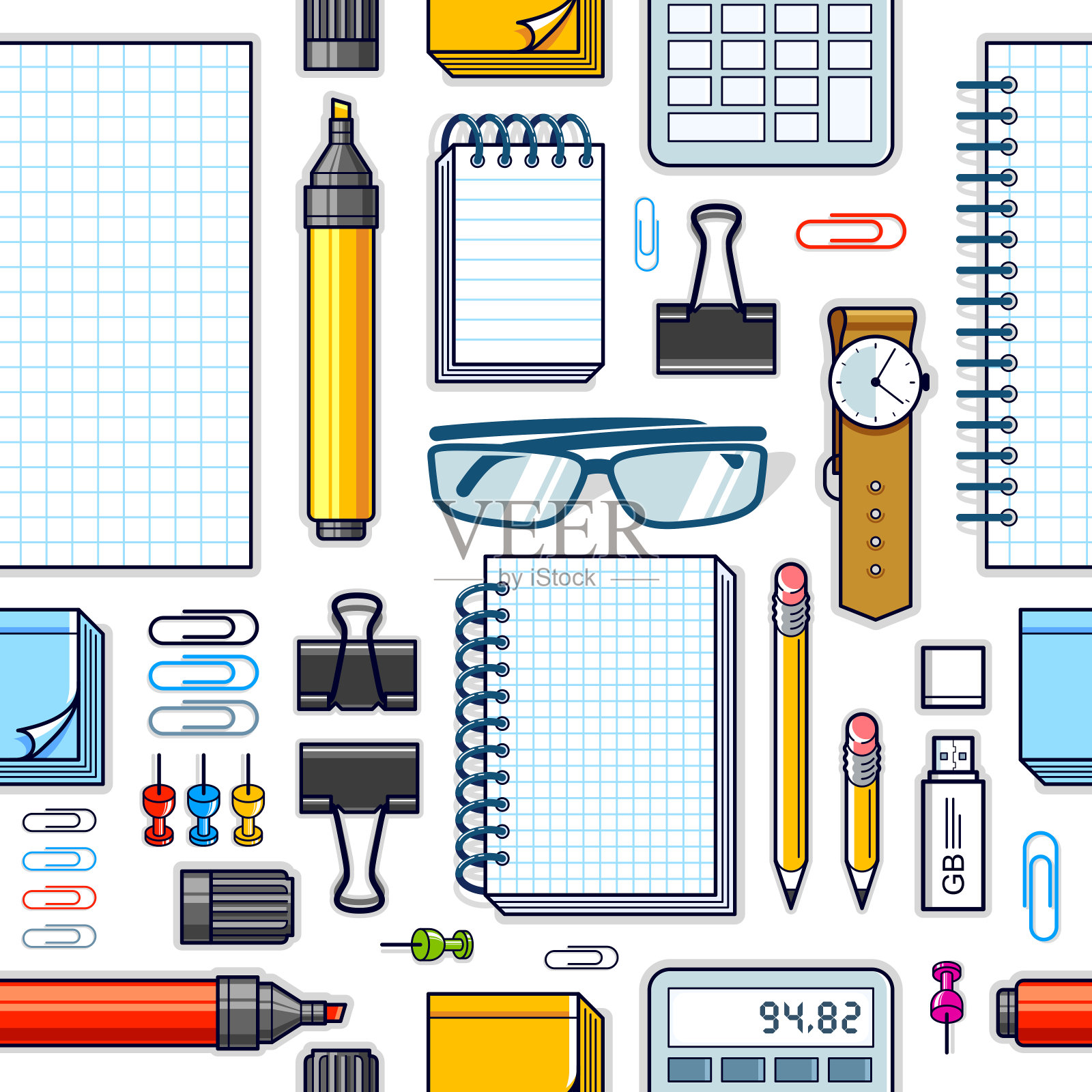 办公办公桌面俯视图与许多不同的文具元素无缝矢量壁纸，商务工作主题图像与多样性对象插图pic。插画图片素材