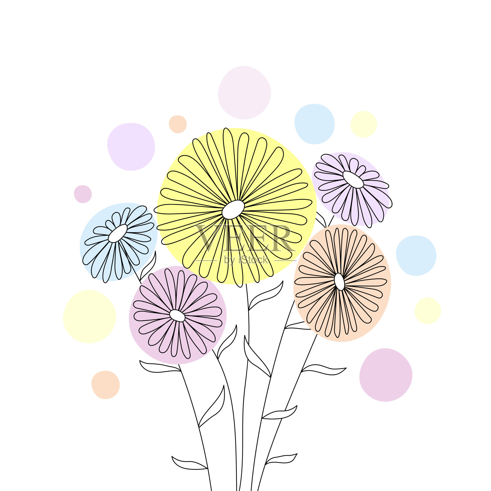 在白色背景上画上一条线的五种颜色的雏菊。插画图片素材