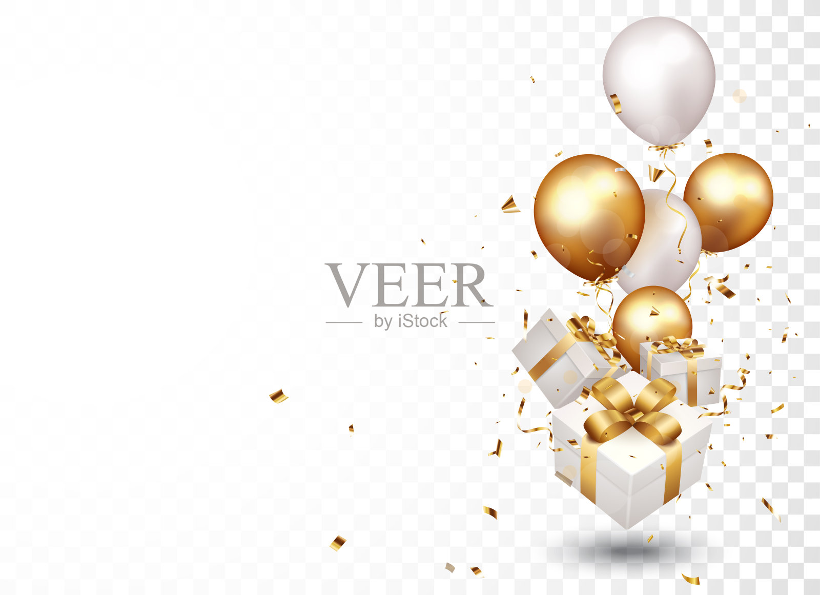带有金色纸屑和气球的礼盒，在透明的背景上隔离插画图片素材