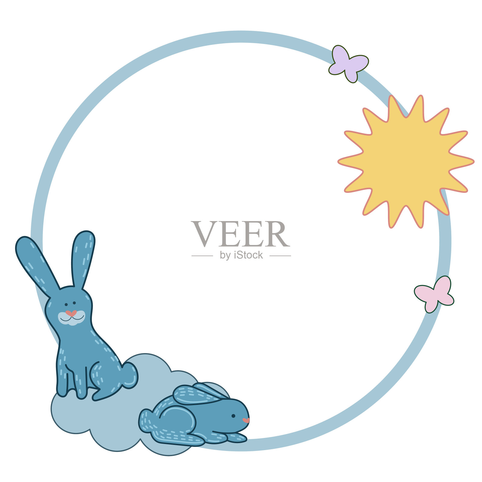 复活节兔子兔子节日快乐宝宝礼物圆框边框插画图片素材