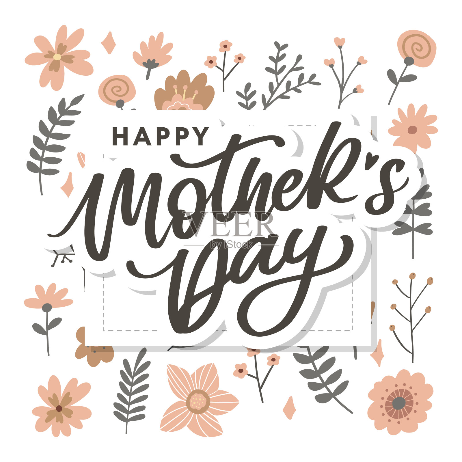 母亲节快乐。手工书法矢量插图。母亲节贺卡和鲜花插画图片素材
