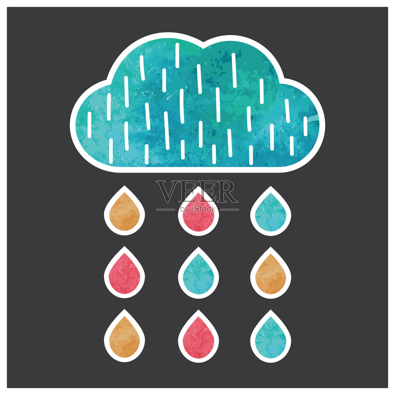 蓝色水色的云和红色、蓝色和橙色水色的雨滴。插画图片素材