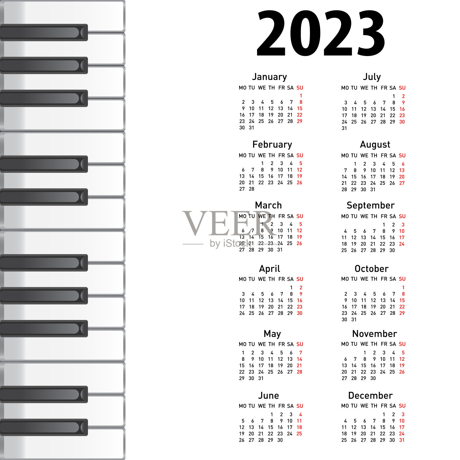 新日历2023年与音乐背景钢琴键设计模板素材