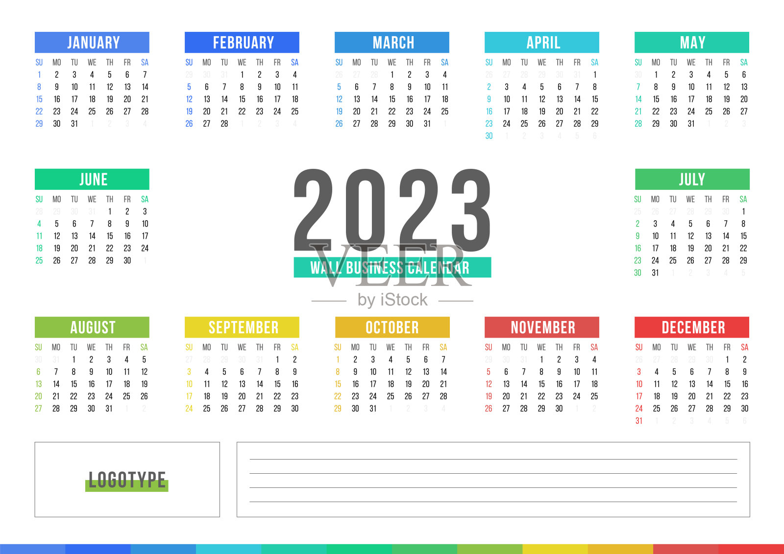 2023年一页挂历，附有备注。彩色计划12个月。插画图片素材