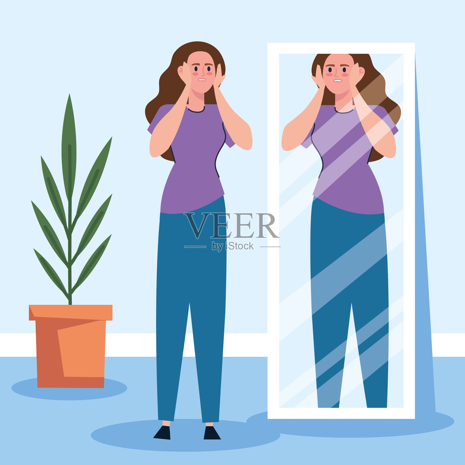 镜子里胖得可怜的女人插画图片素材