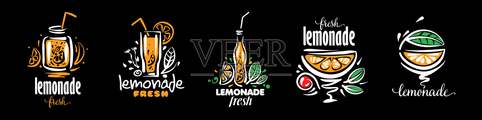 一组黑色背景的柠檬水矢量图插画图片素材