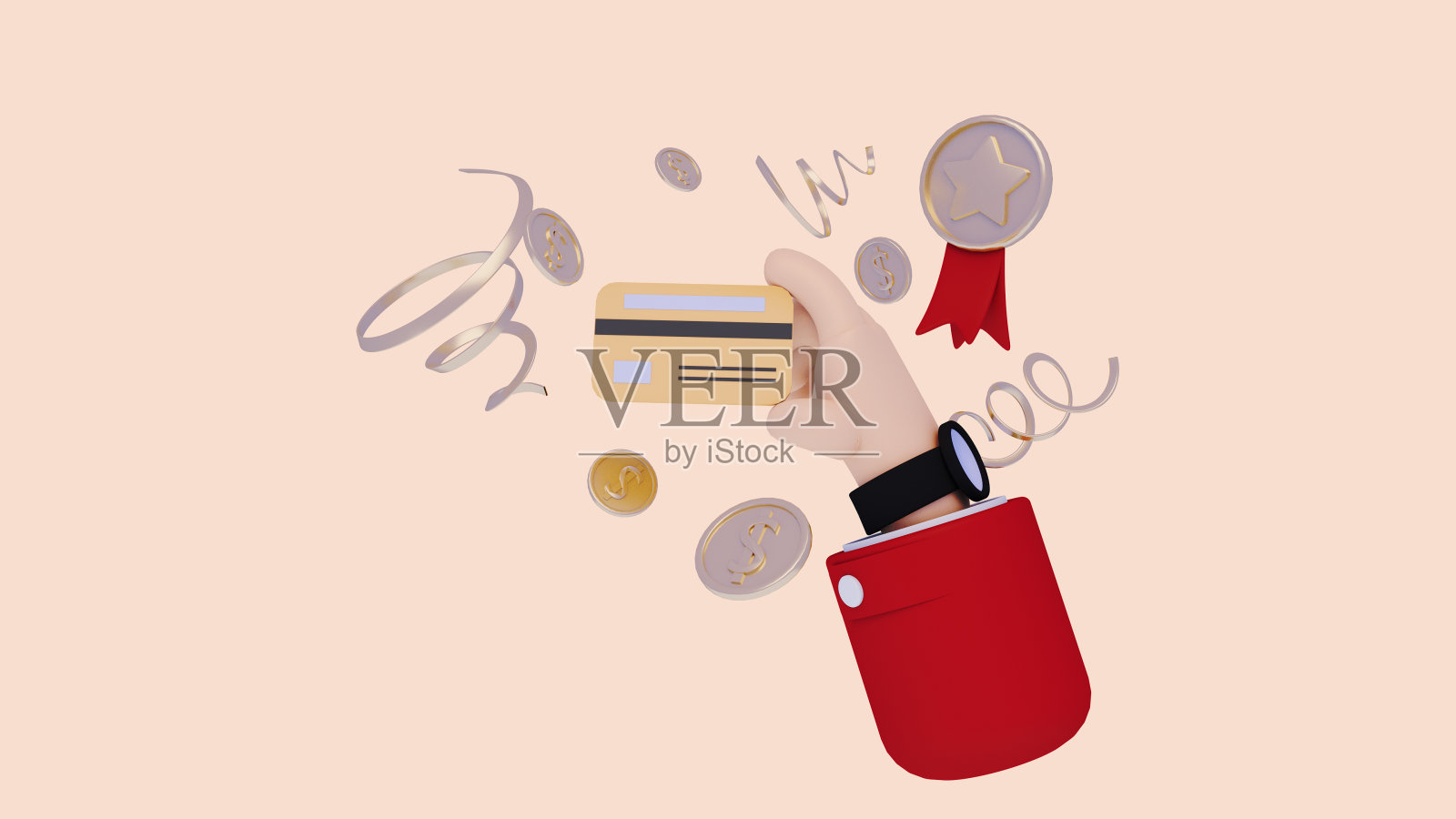 购物促销手握信用卡的3d插图。3 d渲染。照片摄影图片