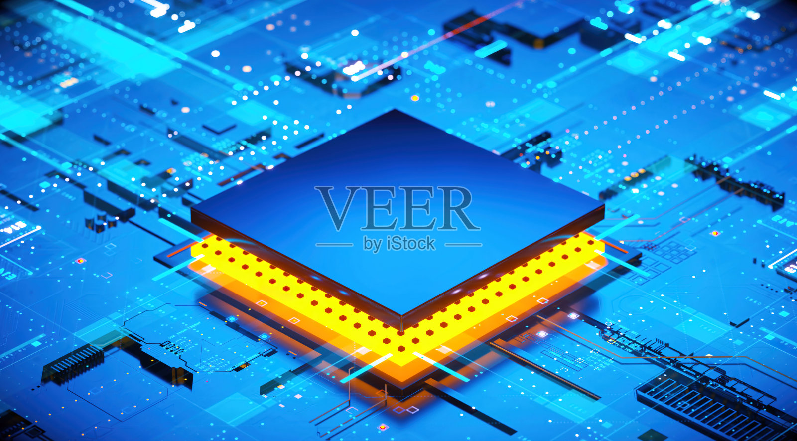 赛博朋克AI的3D渲染。电路板。技术背景。中央计算机处理器CPU和GPU的概念。数字芯片主板。技术科学背景。照片摄影图片