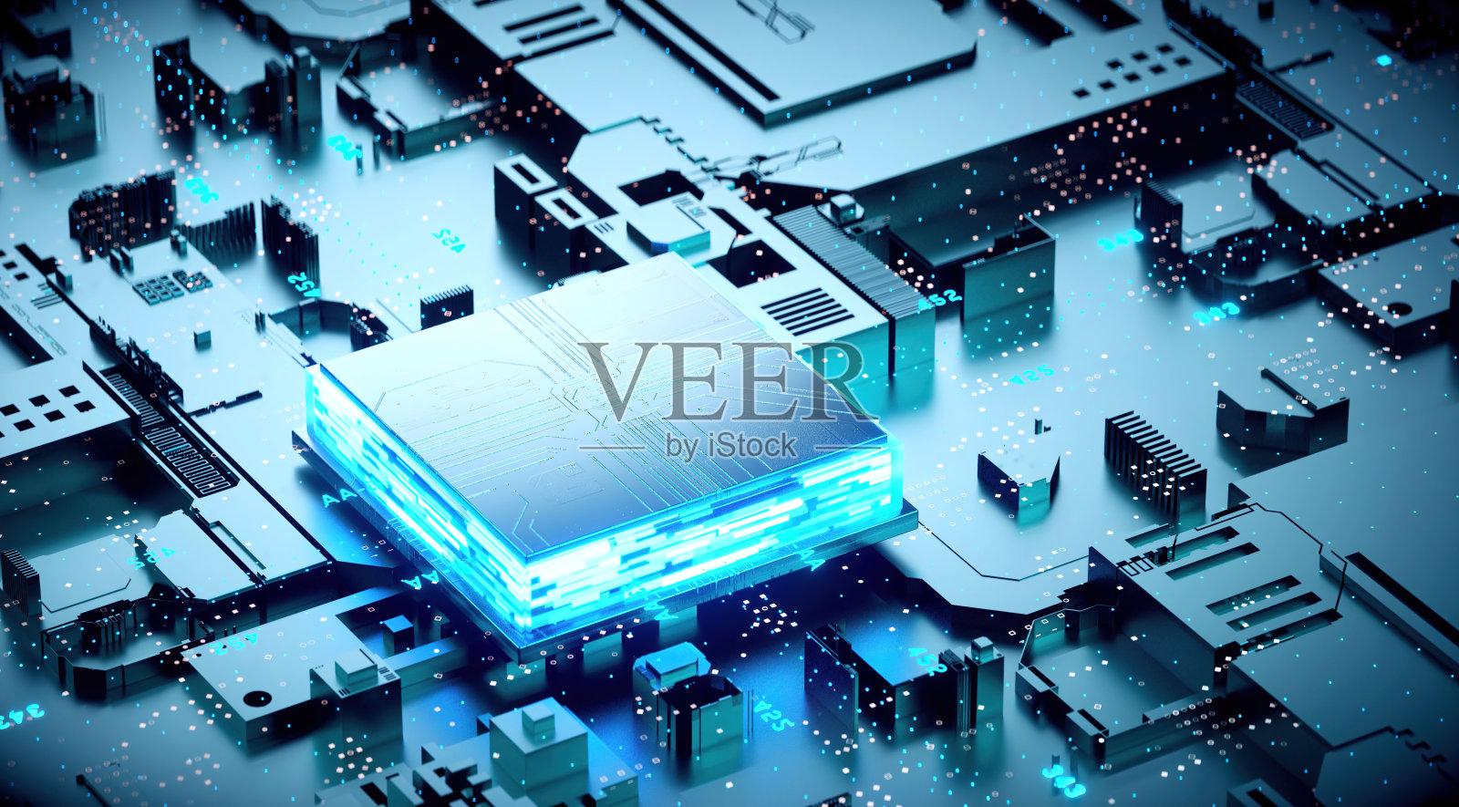 赛博朋克AI的3D渲染。电路板。技术背景。中央计算机处理器CPU和GPU的概念。数字芯片主板。技术科学背景。照片摄影图片