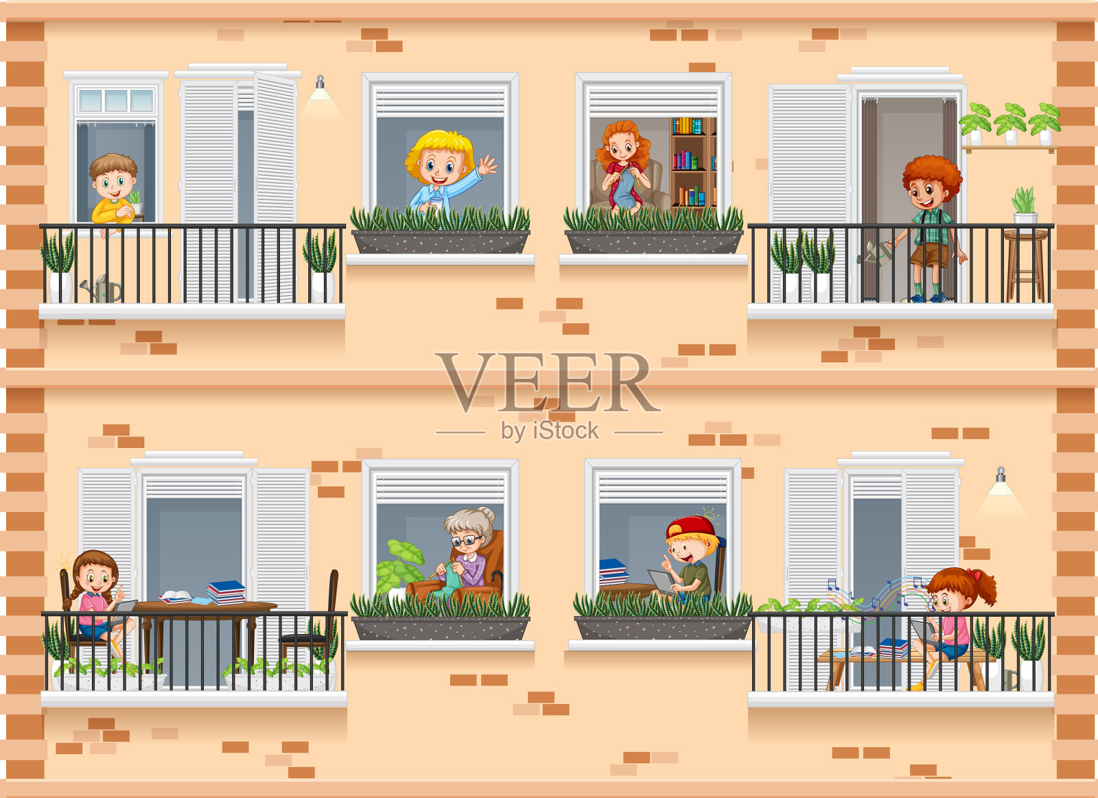 公寓窗户与邻居卡通人物插画图片素材
