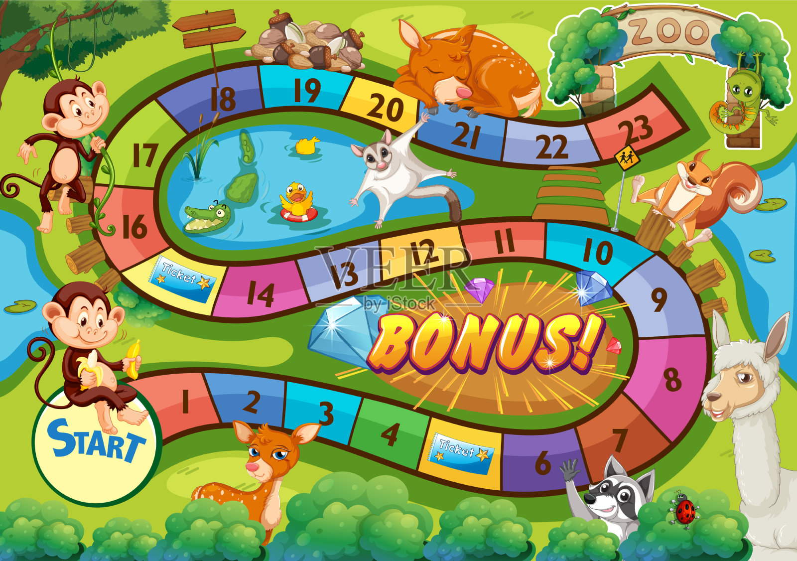 动物园里有许多动物的游戏设计插画图片素材