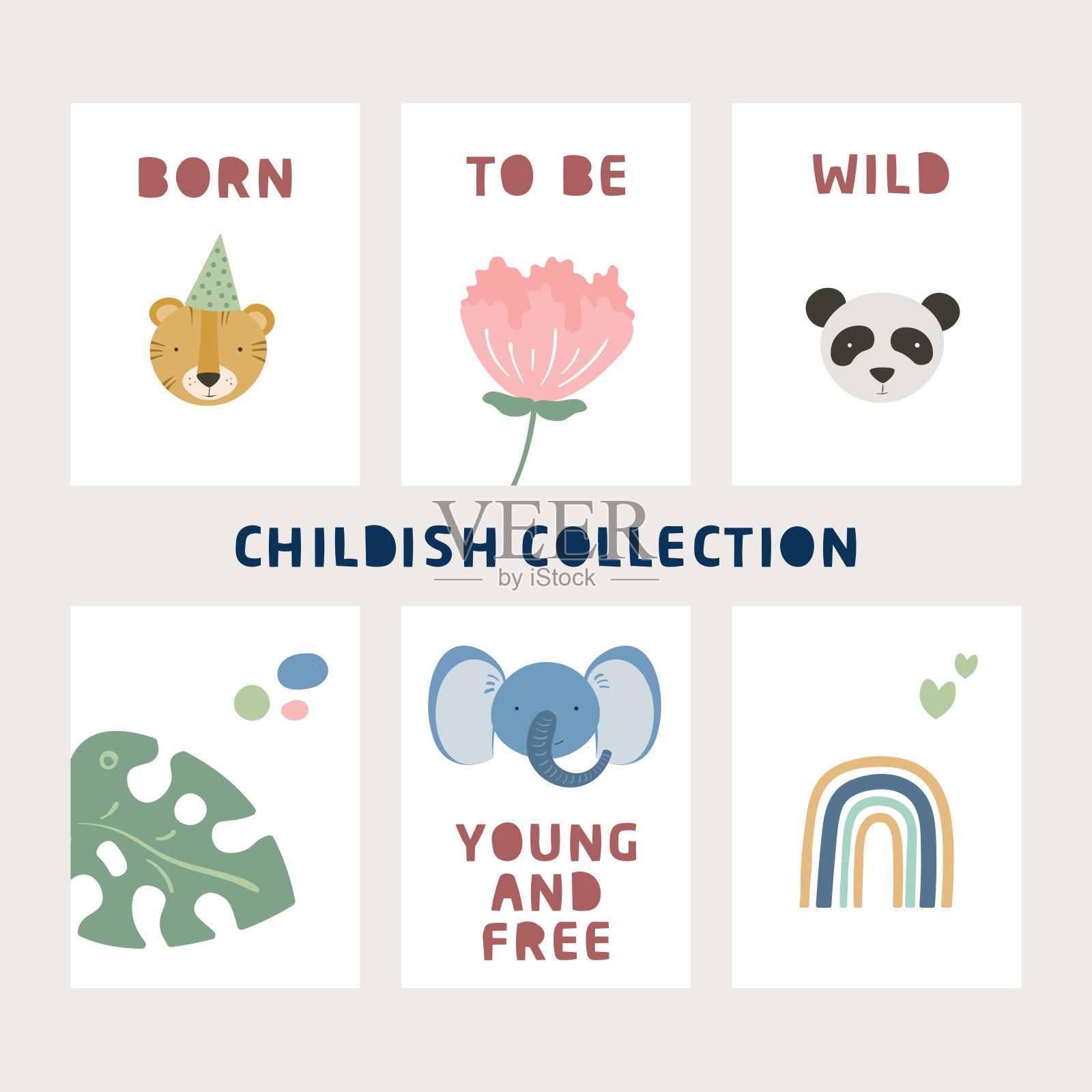 卡通可爱的动物宝宝卡片收集与文字插画图片素材