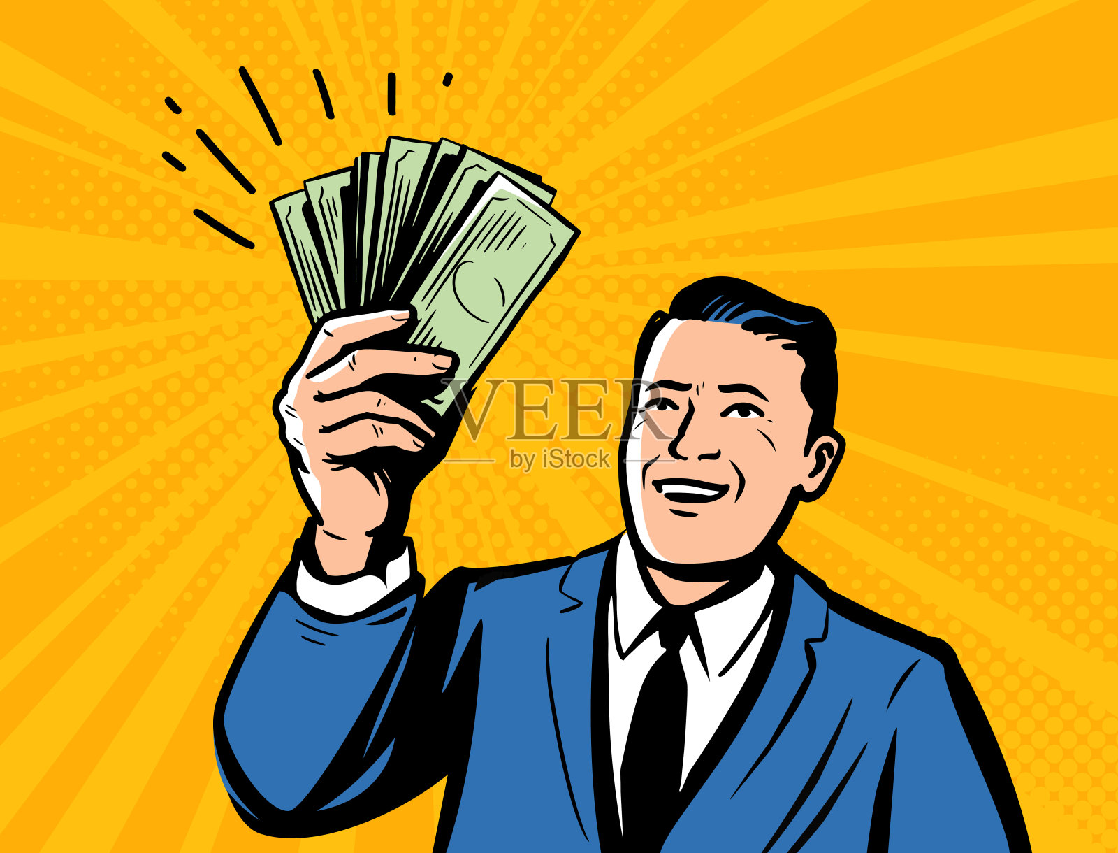 有钱的成功商人。财务成功复古波普艺术矢量插图插画图片素材