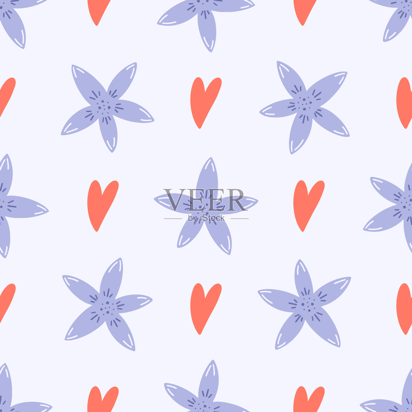 花、心、叶无缝图案。北欧风格的背景。矢量插图，织物设计，礼品纸，婴儿衣服，纺织品，卡片插画图片素材