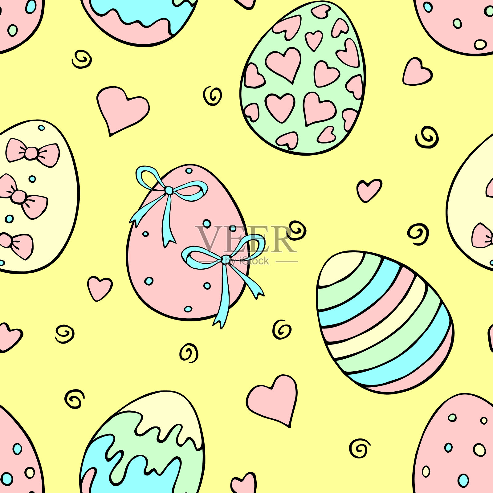 矢量无缝图案与彩色复活节蛋，心。春天手绘涂鸦，节日传统背景和纹理装饰元素插画图片素材