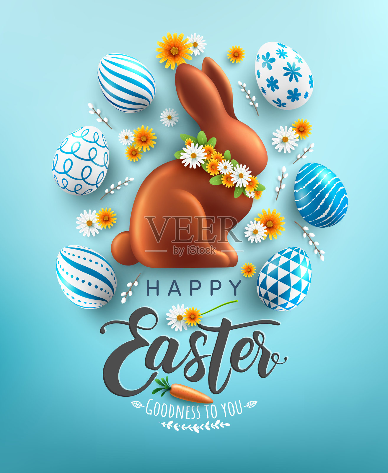 复活节海报和横幅模板与复活节彩蛋和可爱的兔子。在复活节的问候和礼物平铺造型。复活节促销和购物模板插画图片素材