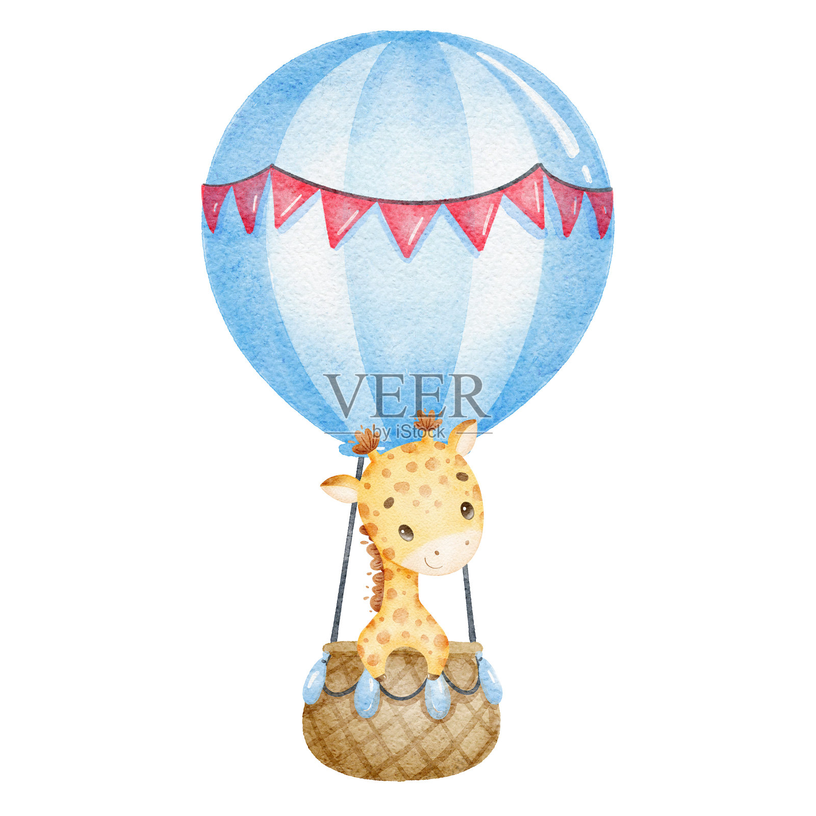 一个可爱的卡通长颈鹿在热气球的水彩插图。可爱的热带动物。插画图片素材