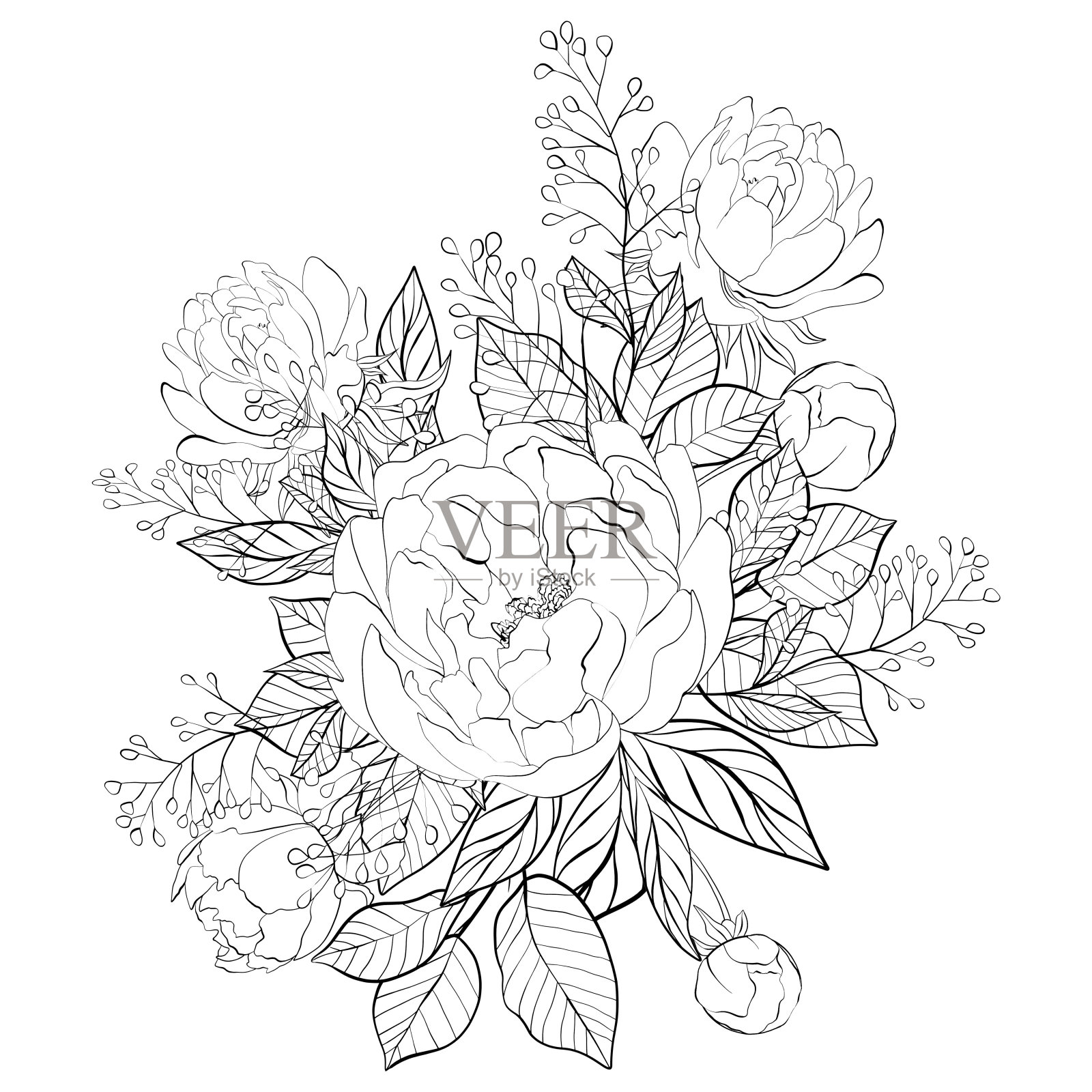 一束野花。由植物成分组成。线条艺术风格的花朵和叶子。花色素的页面。插画图片素材