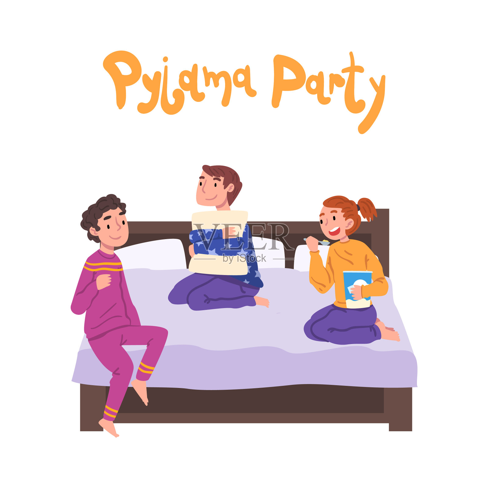 可爱的男孩和女孩穿着睡衣坐在床上插画图片素材