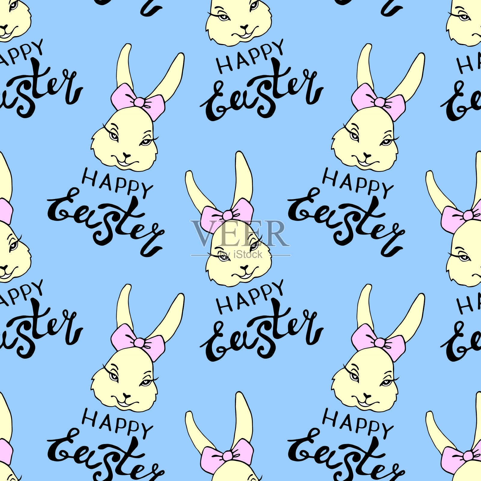 快乐的复活节向量无缝图案与铭文和简单的彩色图画可爱的兔子女孩的脸在平面风格。假日背景和纹理设计模板素材