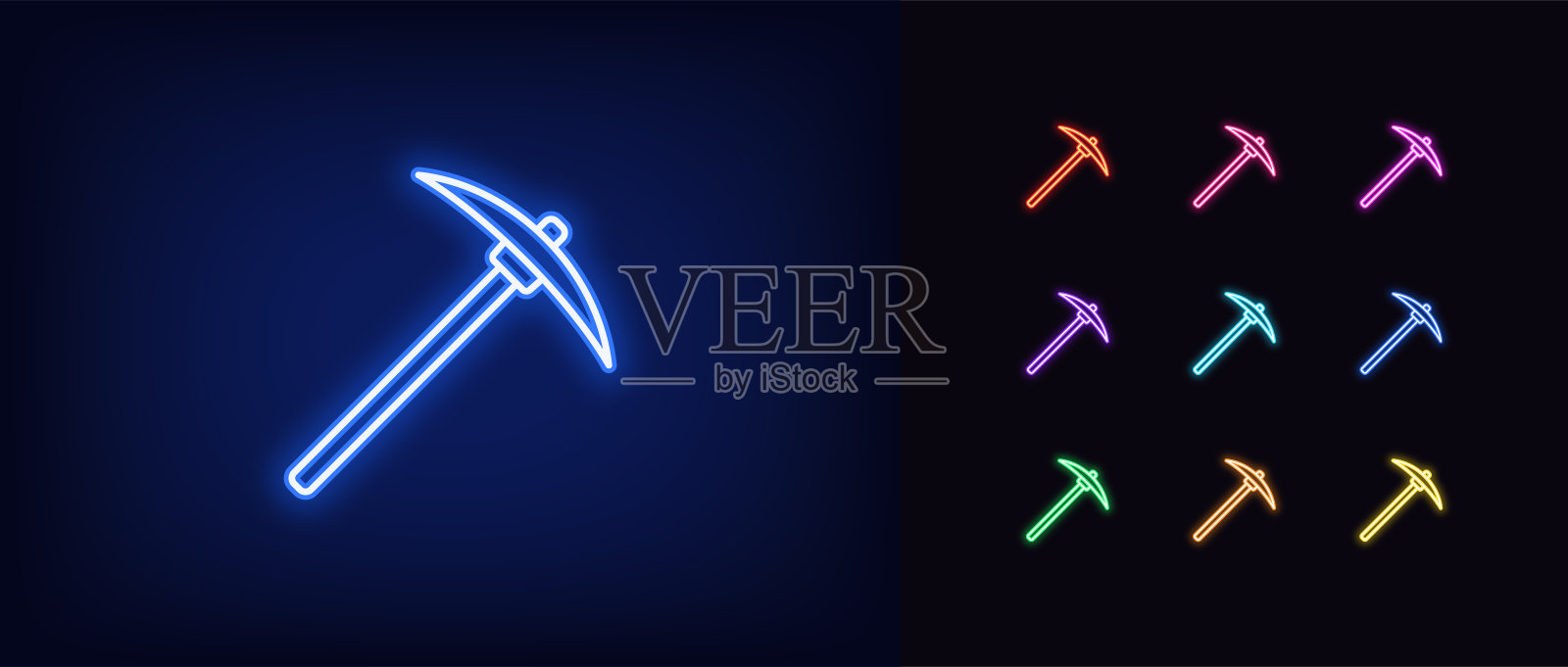 霓虹灯鹤嘴锄图标：加密货币挖掘插画图片素材