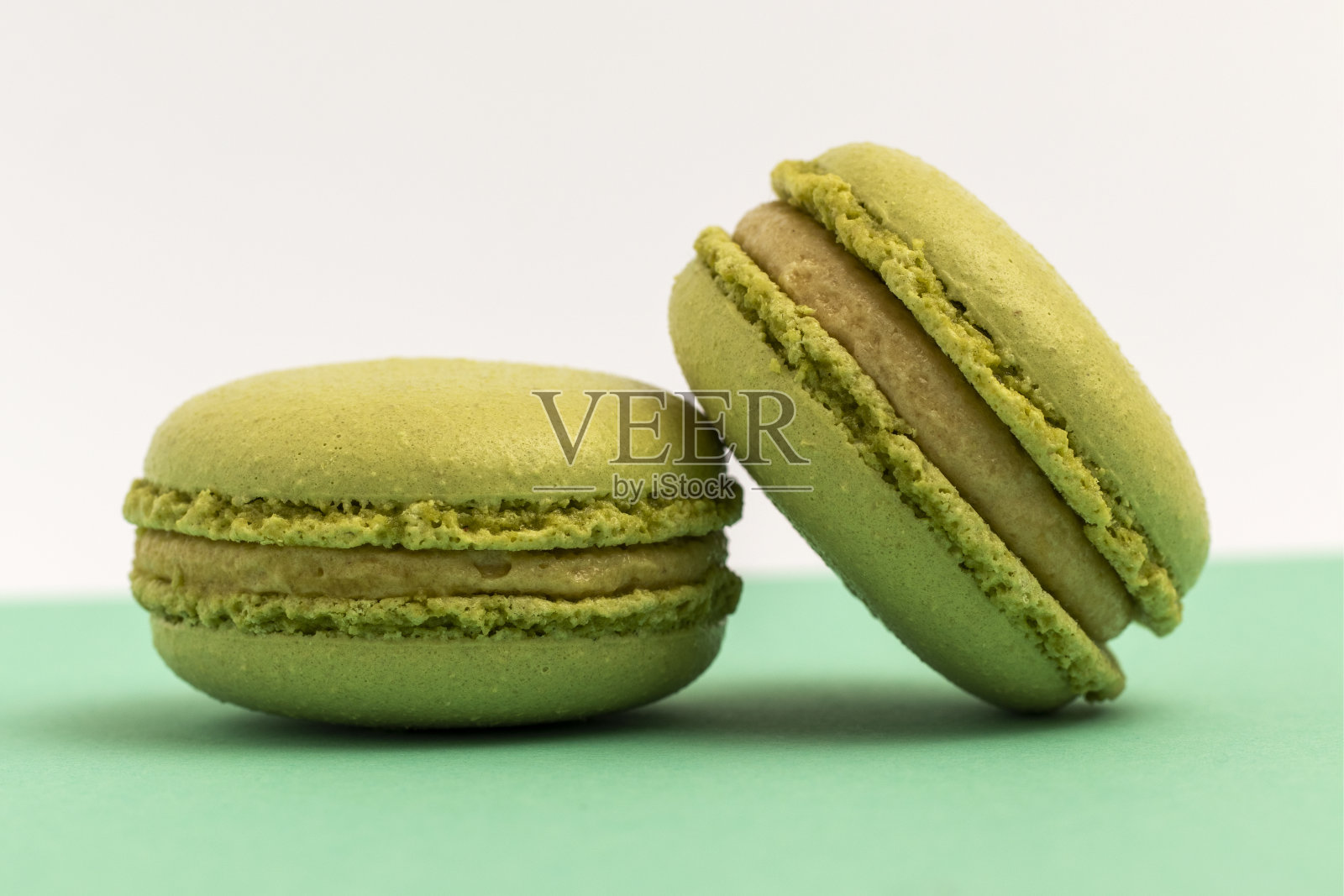 开心果马卡龙关闭。照片摄影图片