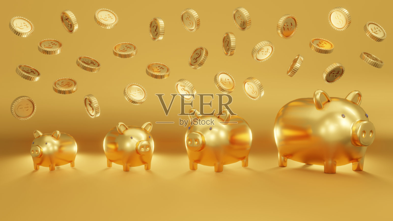 黄金储蓄罐的3D渲染概念在几个尺寸的黄金背景与硬币落下。3 d渲染。照片摄影图片